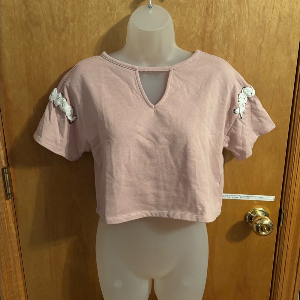 Material Girl Light Pink Crop Top with Lace-Up Sleeves